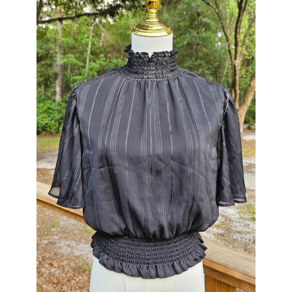 Shinestar Black Shimmer Striped Smocked High Neck Blouse Large Flutter Sleeve - Picture 1 of 8